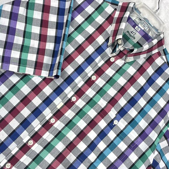 VTG 417 Van Heusen Camp Shirt Mens XL Blue Black White Green Plaid 80s Preppy - Picture 1 of 6